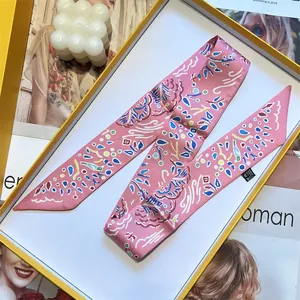 Women Fashion Narrow Satin Scarf Abstract Floral Print Hair Tie Bag Accessory Neck Wrap Elegant Twilly Scarf Headband For Lady