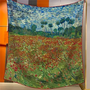 Détail d'un grand foulard en soie avec peinture à l'huile impressionniste de coquelicots