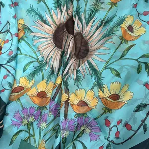 Foulard in seta georgette blu con stampa girasole, scialle quadrato traspirante da 130cm