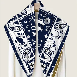 Navy and white twill silk scarf with paisley pattern, horses and hand-rolled edges