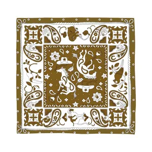 Artistic silk square scarf featuring paisley horse and cowboy patterns in brown and white