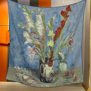 Écharpe artistique avec imprimé floral à l'huile et bordure bleue pour femme hiver