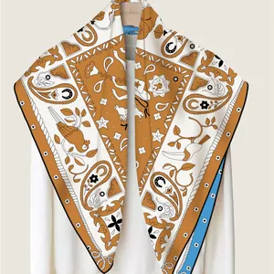 Luxurious 90x90 twill silk square scarf with colorful hand-painted bird and floral patterns
