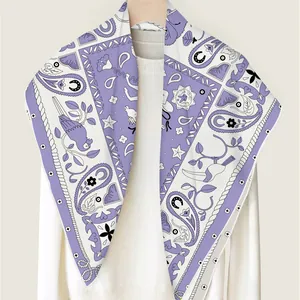 Elegant 90x90 silk scarf with purple paisley and floral print on white knitwear
