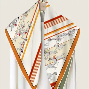 Silk feel square scarf with equestrian horse print and orange green stripe borders