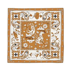 Classic orange and black twill silk square scarf with cowboy and animal motifs