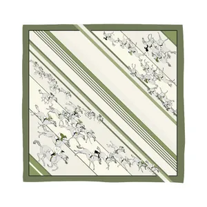 Green equestrian silk square scarf with vintage racehorse and rider prints for women