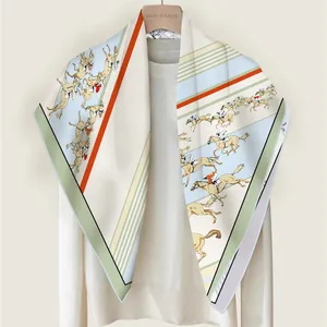 Silk twill square scarf featuring horse racing motif with hand-rolled edges