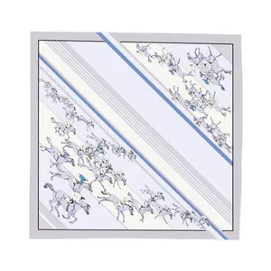 Elegant 90cm square silk scarf with horse racing pattern and striped design in blue and lilac