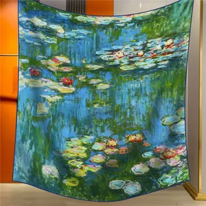 Artistic Monet Water Lilies square scarf with hand-rolled edges in premium silk-like fabric