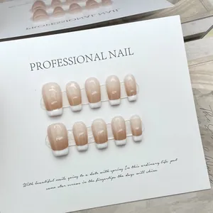 Handmade French Gradient Press On Nails Silver Grey Glitter Blue Gemstone Luxury Square Round Artificial Nails For Women