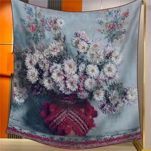 Silk scarf featuring Claude Monet oil painting print with elegant floral pattern