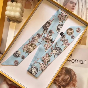 Elegant floral silk neckerchief with vintage badges and luxury yellow gift box packaging