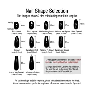 Guide for handmade press-on nails featuring various shapes and sizing specifications