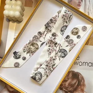 Vintage Cherry Blossom Coin Print 100% Silk Twilly Scarf For Women Bag Handle Wrap Hair Band Neckerchief Accessories