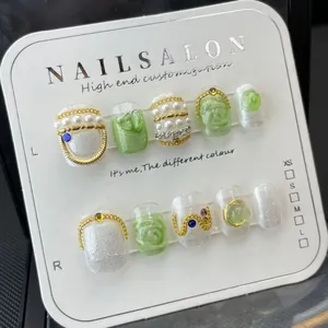 Handmade Press On Nails Bohemian Style Mint Green Pearl White With 3D Relief Flower Bow Rhinestone Decorative Nail Art For Women