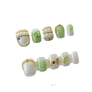 Exquisite handmade bohemian press-on nails with pearls, crystals and floral 3D art