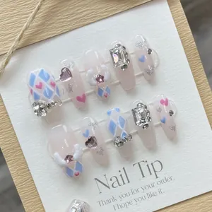 Pink angel wing handmade press-on nails with 3D hearts and rhinestones for women