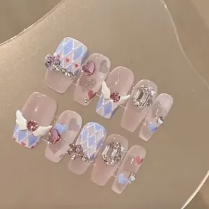 Handmade Sweet Angel Wings Heart Rhinestone Press On Nails Pink Blue Gradient Luxury Y2K Aesthetic Fake Nails For Women