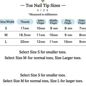 Size guide for handmade press-on toenails showing S, M, L dimensions in millimeters