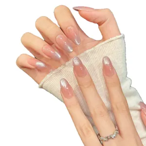 Pink and silver gradient almond press-on nails with shimmering cat eye effect