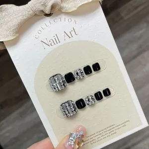 Handmade Black Silver Rhinestone Press On Toe Nails Luxury Glossy Square Round Toenail Patches For Women Foot Decoration