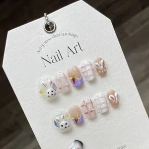 Handmade Cute 3D Rabbit And Carrot Press On Nails Purple Plaid Hand Painted Artificial Pearl Reusable Fake Nails For Women Jewelry