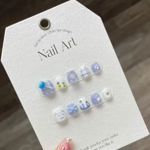 Handmade Kids Press On Nails Cute 3D Bear Bow Floral Purple White Round Artificial Finger Nails Art For Girls Daily Wear