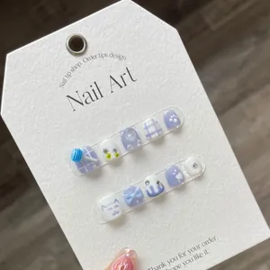 Kids press-on nails set with purple plaid, blue bear and cat paw 3D cute designs