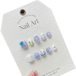 Kids press-on nails set with purple plaid and cute 3D bear and cat art patterns