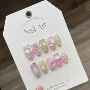 Faux Ongles à Coller 3D Faits Main Rose Vert Macaron Papillon Lune Étoile Ensemble Décoration Ongles Bijoux Femme