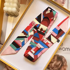 Colorful geometric silk skinny scarf in a premium orange gift box with chic accessories