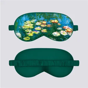 Detail of Monet water lily silk eye mask with printed art and elastic strap