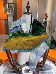 Close-up of Van Gogh oil painting silk shawl with high-quality hand-rolled edges
