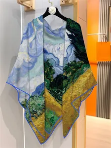 Detail view of Van Gogh Wheat Field print on silky scarf with neat blue stitched edges