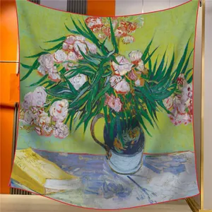 Artistic oil painting velvet shawl featuring Van Gogh Oleanders print with hand-rolled edges