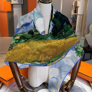 Van Gogh Wheat Field oil painting silk scarf displayed on a white mannequin torso