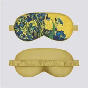 Detail of silk satin eye mask featuring Van Gogh Iris print and elastic headband