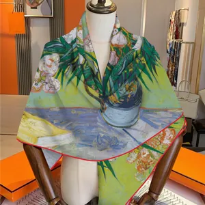 Winter velvet scarf featuring Van Gogh iris oil painting print on yellow background