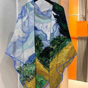 Artistic Van Gogh Wheat Field print scarf in lightweight silk-like velvet fabric