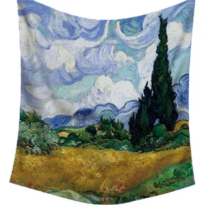 Van Gogh Wheat Field with Cypresses silk scarf with rolled edges for women