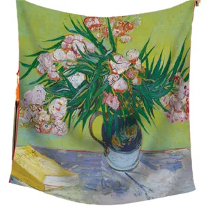 Winter velvet shawl with impressionist oleander oil painting print and hand-rolled edges