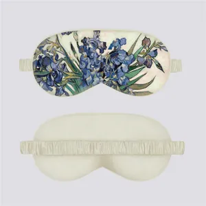 Detailed view of silk sleep mask featuring Van Gogh's Iris oil painting and elastic strap