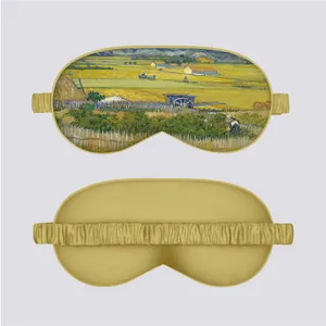 Detail of silk eye mask featuring Van Gogh art print and smooth elastic head strap