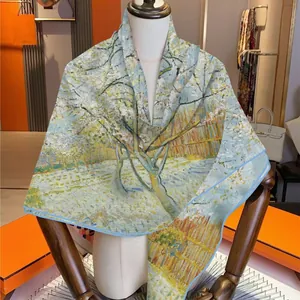 Sciarpa quadrata in seta mista con stampa Van Gogh Mandorlo in fiore per donna
