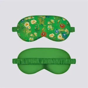 Detailed front and back view of Monet Water Lily silk sleep mask with elastic strap