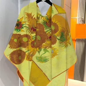 Artistic 130cm Van Gogh Sunflowers print silk shawl hanging on a black hanger