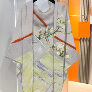Artistic oil painting style floral silk wool blend scarf shawl in muted green and white