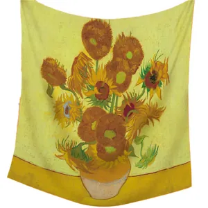 Van Gogh Sunflowers 130cm square silk blend scarf with vibrant yellow art print