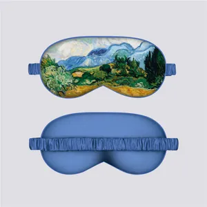 Front and back view of a silk sleeping mask with artistic Monet water lily oil painting print